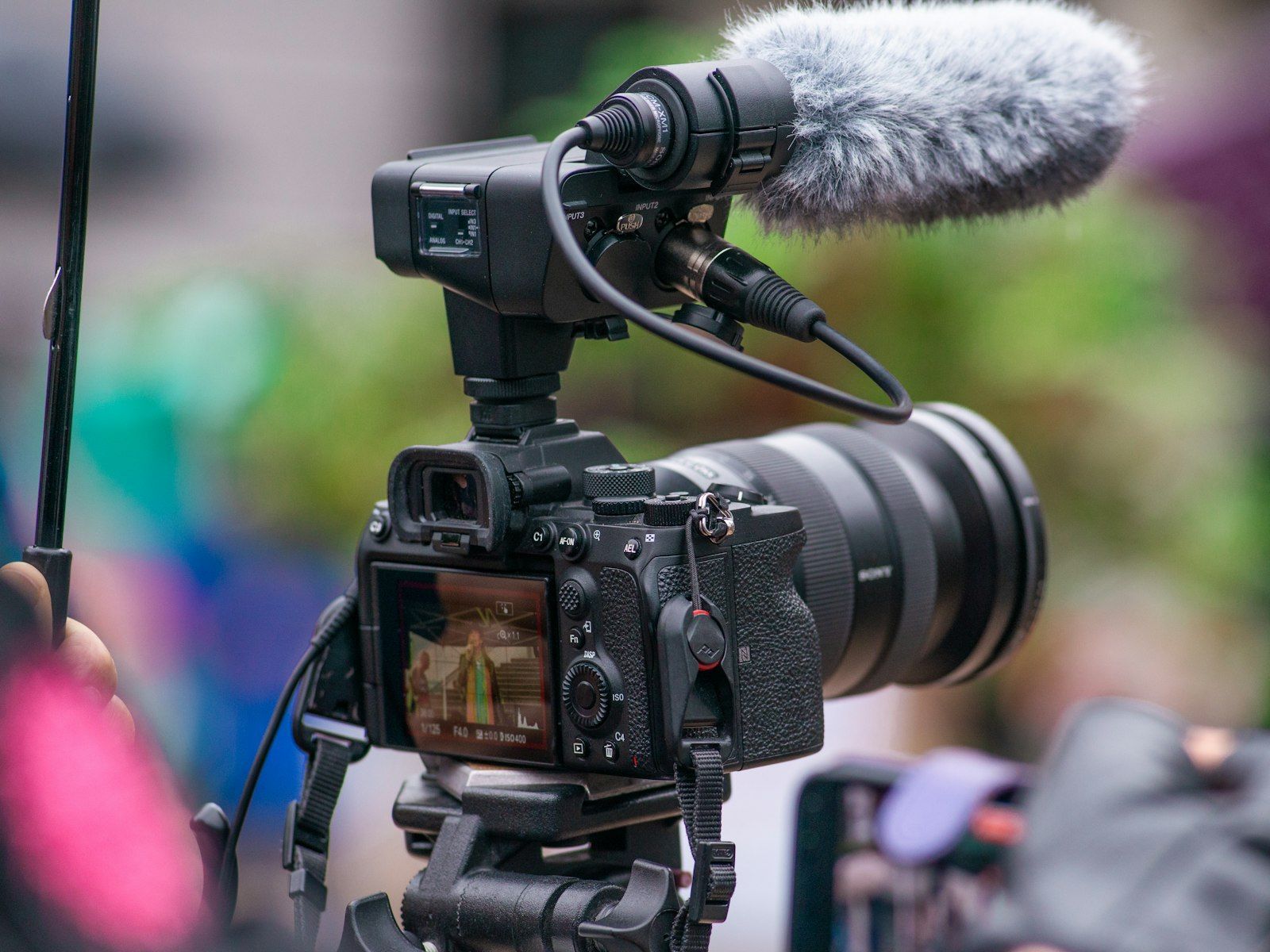Mirrorless video camera with a microphone mounted on top